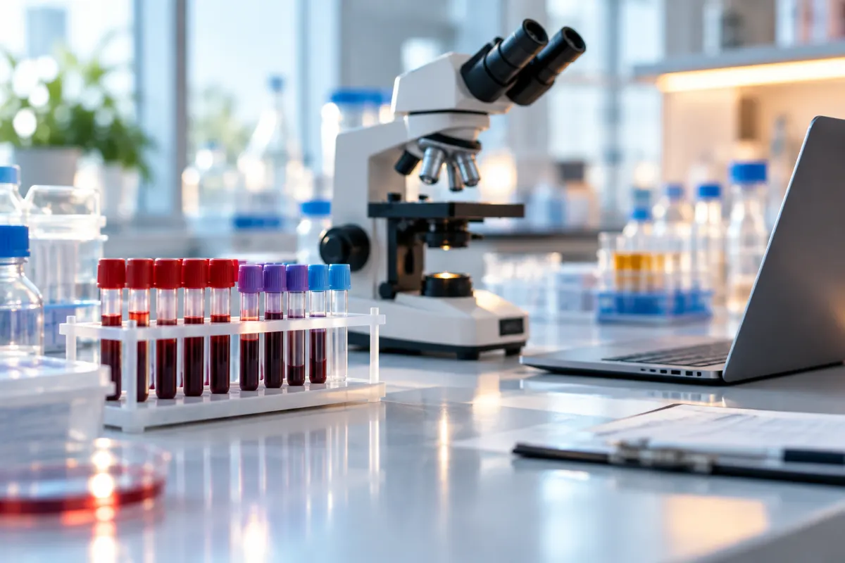 Paillasse de laboratoire avec tubes de prélèvement et microscope pour l’analyse des marqueurs sériques de la trisomie 21