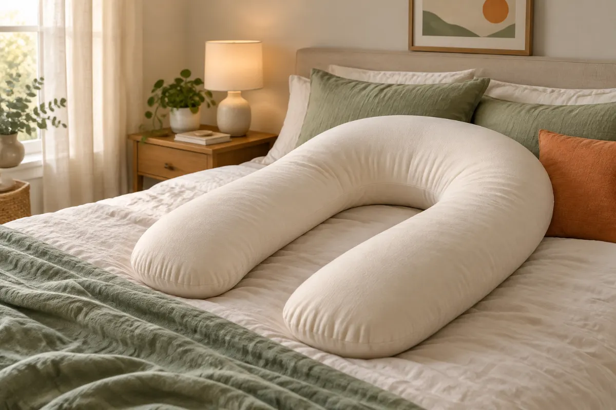 Coussin de grossesse en U crème sur un lit avec lampe de chevet