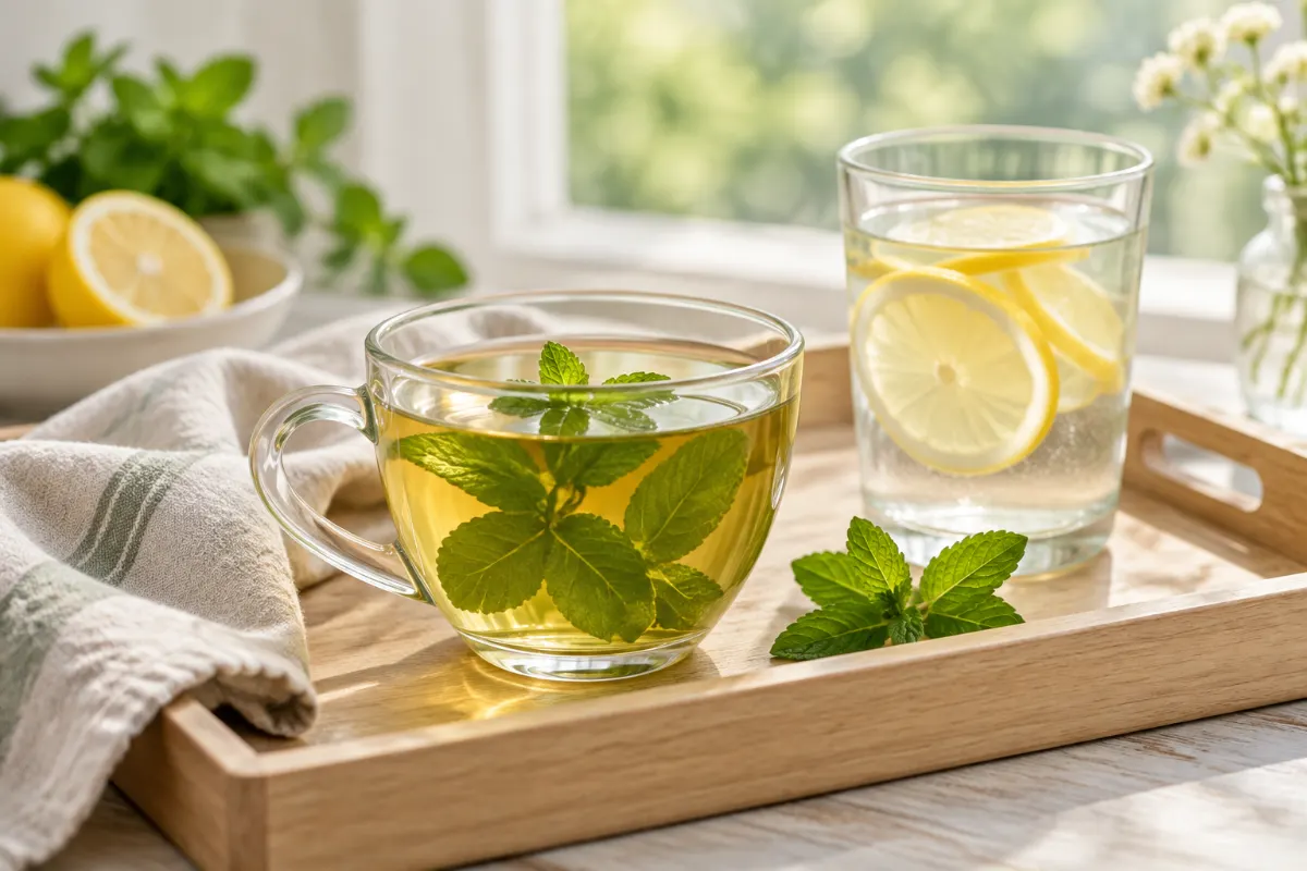 Tasse de tisane à la menthe et verre d’eau au citron sur un plateau en bois clair