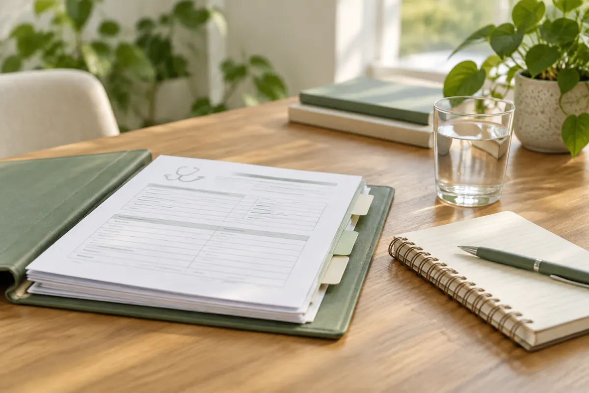 Dossier médical, carnet et verre d’eau sur une table en bois lumineuse