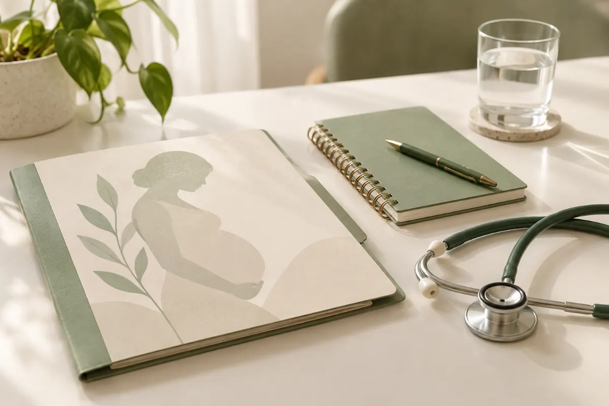 Dossier médical de maternité, carnet et stéthoscope sur une table lumineuse