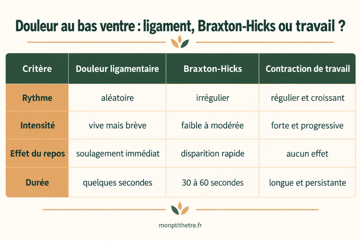 Infographie comparant douleur ligamentaire, contractions de Braxton-Hicks et contractions de travail