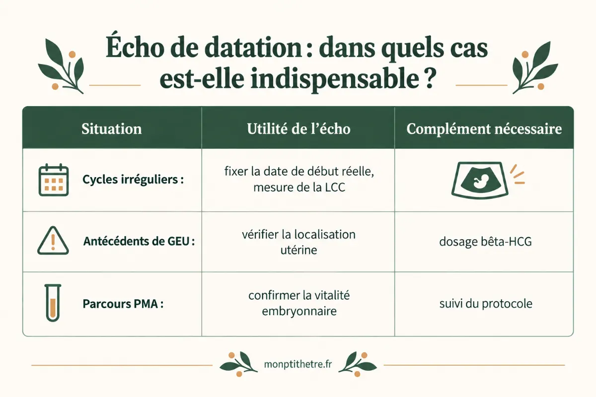 Infographie : situations où l’écho de datation est indispensable, cycles irréguliers, GEU et PMA