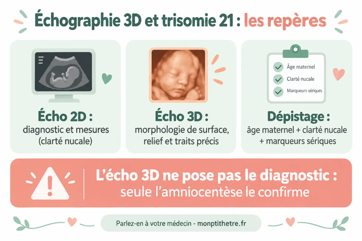Infographie sur l’échographie 3D et la trisomie 21 : différences 2D et 3D, dépistage et rôle de l’amniocentèse