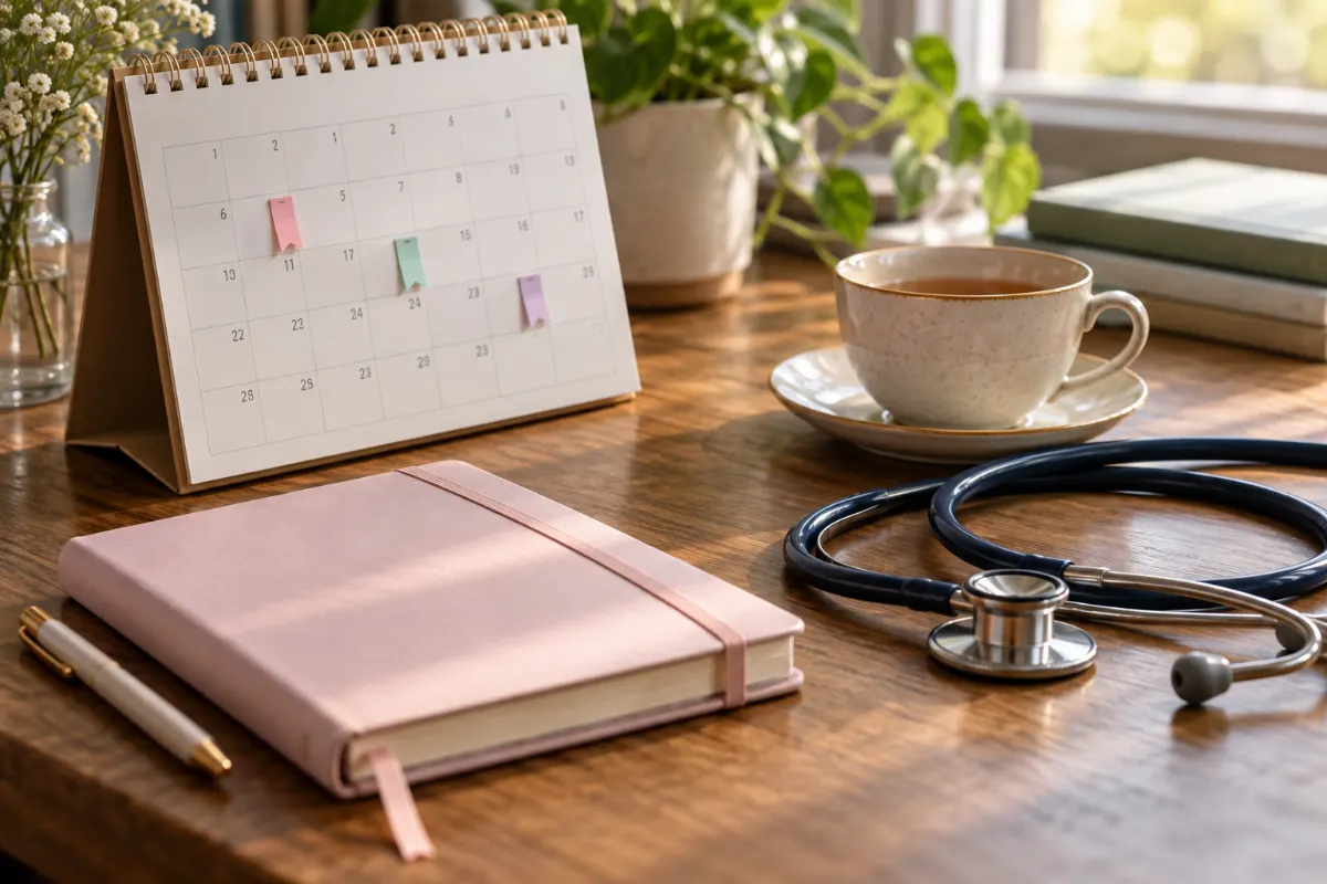 Calendrier et stéthoscope pour illustrer les rendez-vous d’échographie recommandés pendant la grossesse
