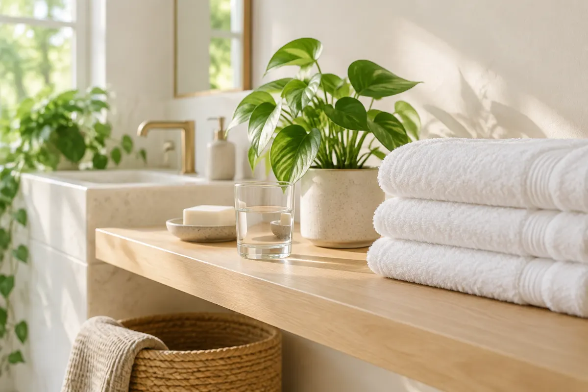 Étagère de salle de bain avec serviettes, verre d’eau et plante verte