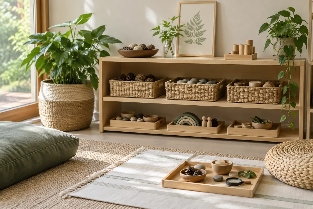 Étagère basse en bois avec paniers tressés, plateaux d’activités et plante verte