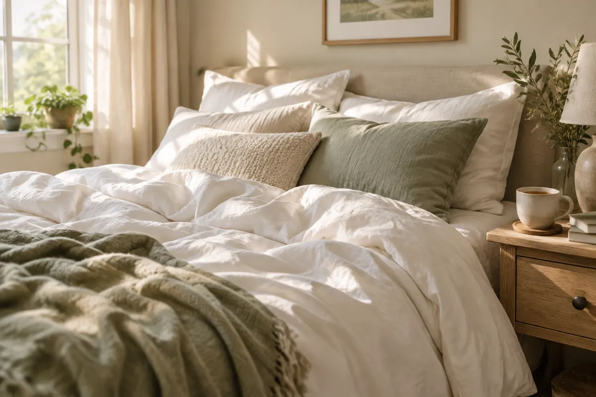 Lit douillet aux draps blancs, coussins et tasse de thé pour se reposer face à la fatigue de début de grossesse