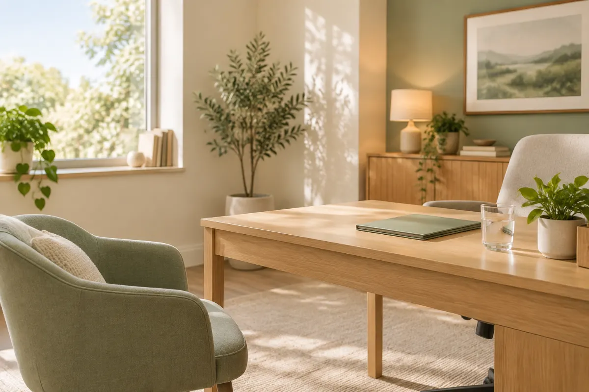 Cabinet de consultation calme et lumineux avec bureau en bois, plante verte et fauteuil