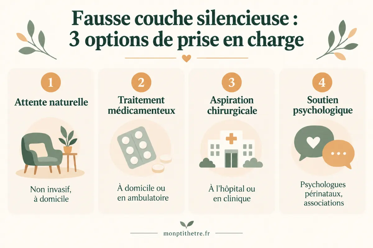 Infographie : fausse couche silencieuse, options de prise en charge (attente naturelle, médicaments, aspiration, soutien psychologique)