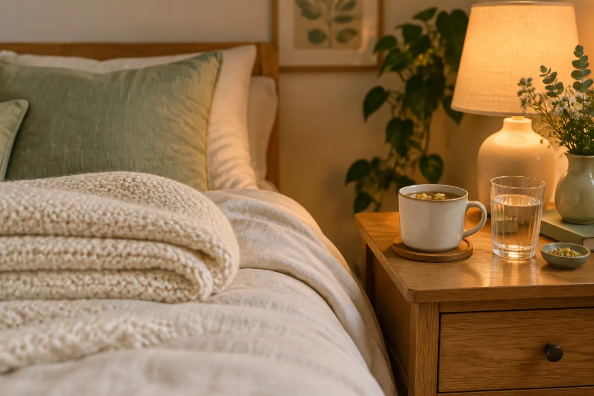 Coin repos à la maison avec plaid en maille, tisane et lampe de chevet