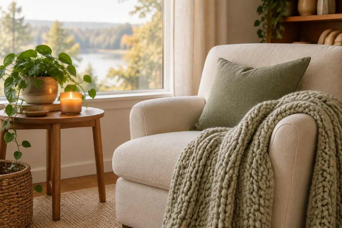 Fauteuil confortable avec plaid en maille, bougie et plante près d’une fenêtre