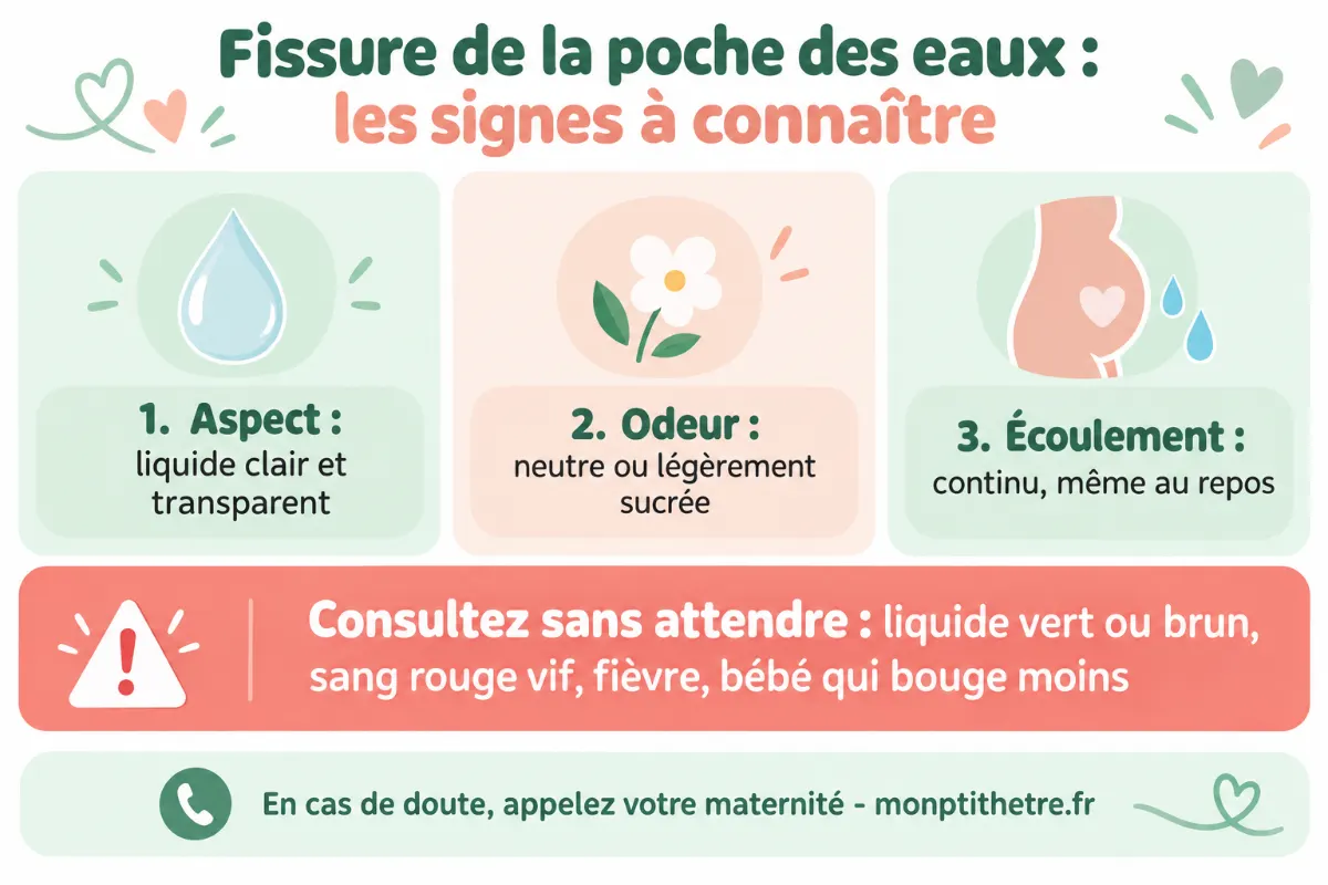 Infographie des signes d’une fissure de la poche des eaux : liquide clair, odeur neutre, écoulement continu et signes d’alerte