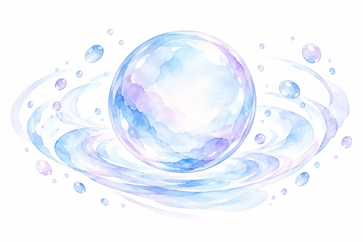 Illustration aquarelle d’une bulle d’eau protectrice symbolisant le rôle de la poche des eaux et du liquide amniotique