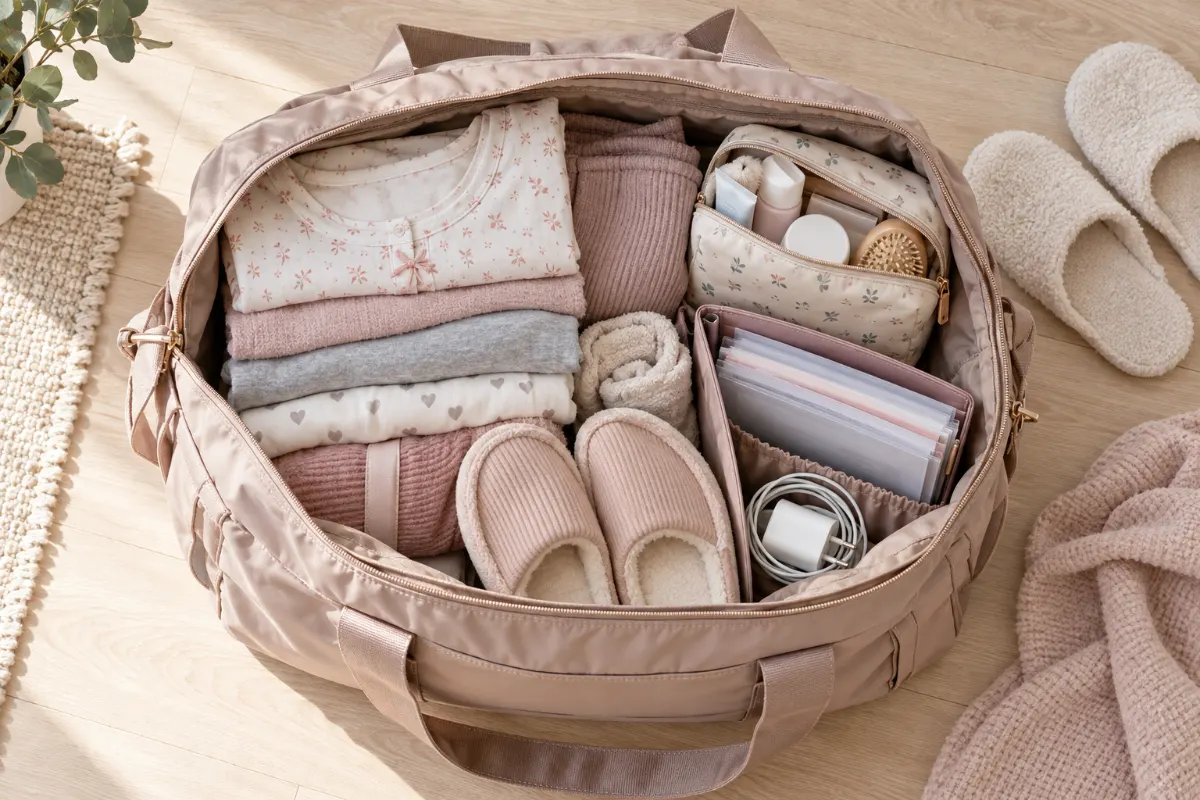 Valise de maternité ouverte et prête pour le départ à la maternité en cas de rupture de la poche des eaux