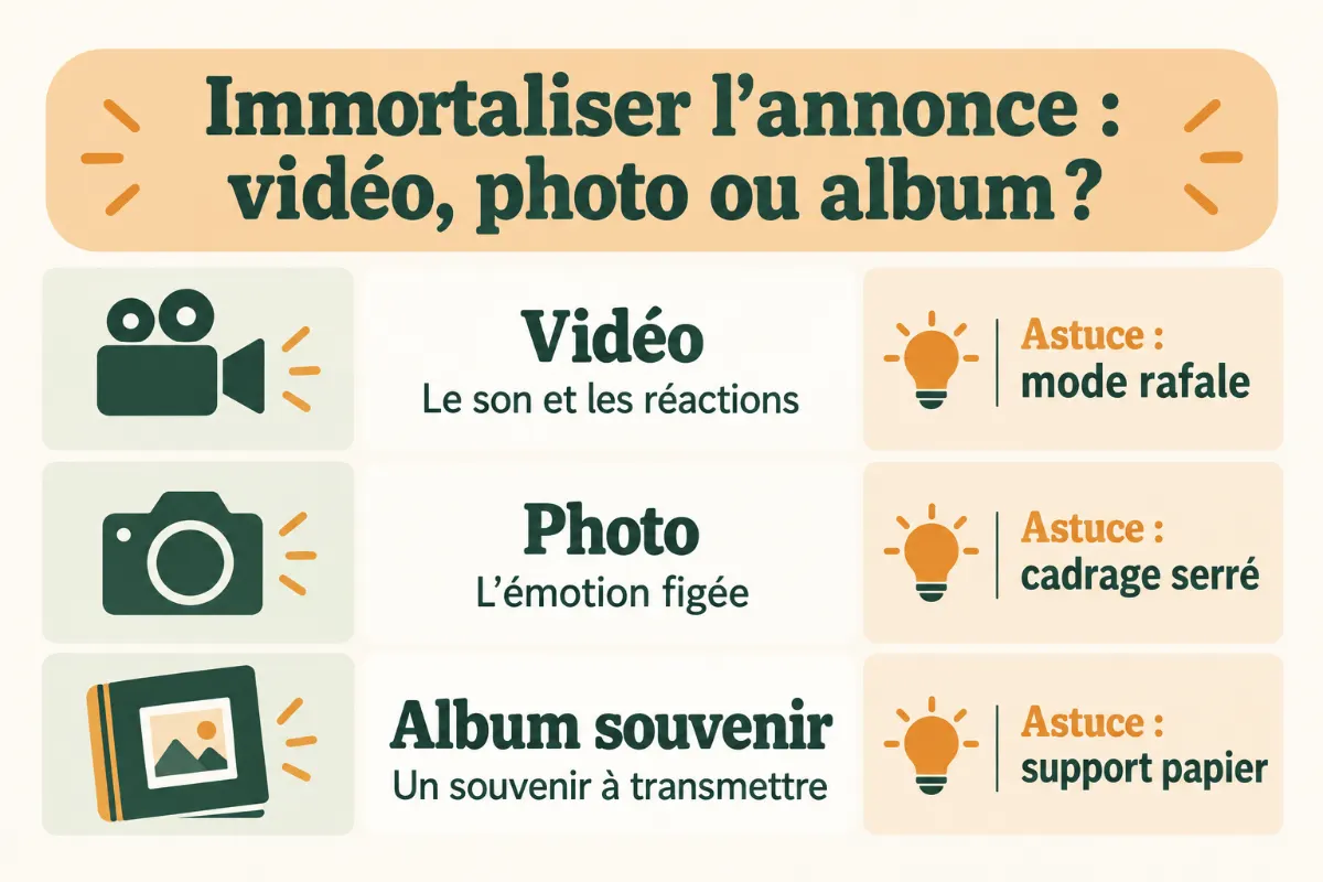 Infographie comparant vidéo, photo et album souvenir pour immortaliser l’annonce de grossesse