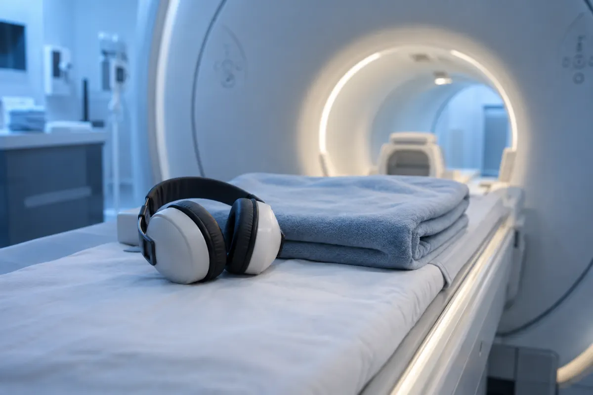 Casque de protection contre le bruit posé sur la table d’examen d’un appareil d’IRM