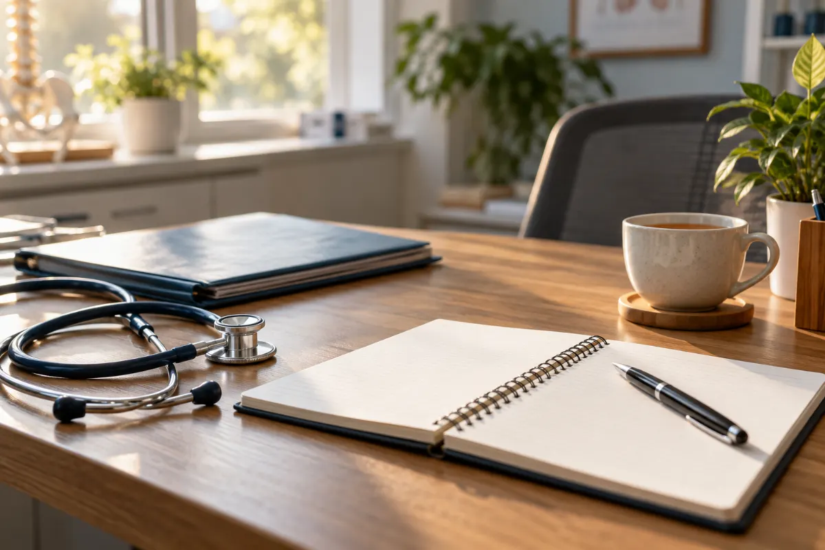 Bureau de consultation médicale avec bloc-notes, stéthoscope et dossier pour préparer ses questions avant une IRM
