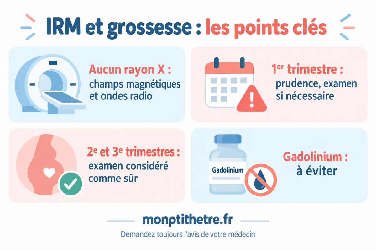 Infographie IRM et grossesse : aucun rayon X, prudence au premier trimestre, examen considéré comme sûr aux deuxième et troisième trimestres, gadolinium à éviter
