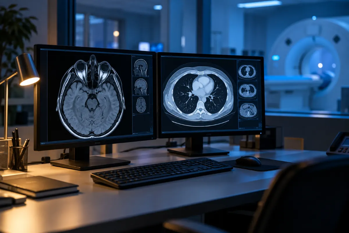 Salle de contrôle d’un service de radiologie avec deux écrans affichant des coupes en niveaux de gris