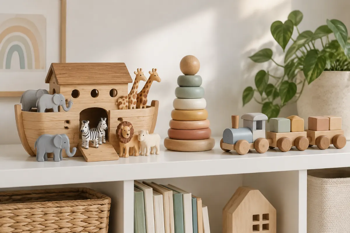 Jouets en bois : arche de Noé, cubes et petit train sur une étagère blanche