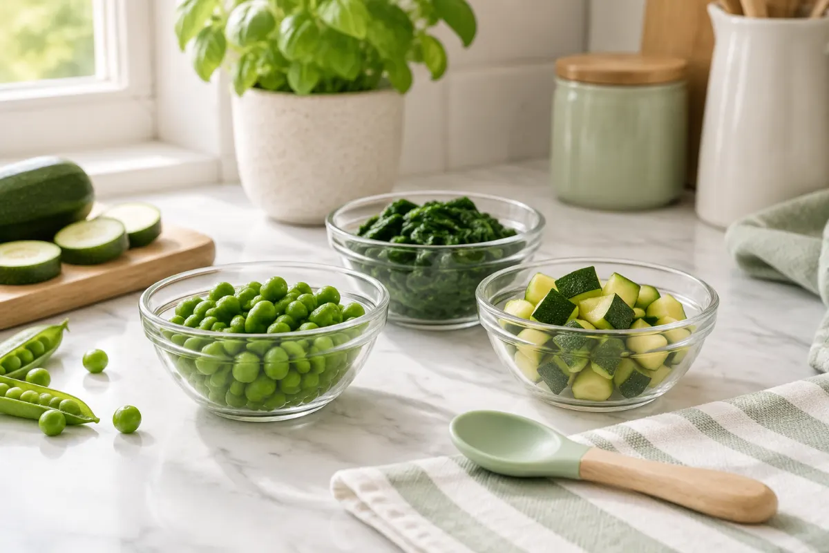 Petits bols de légumes verts vapeur pour la diversification alimentaire du bébé