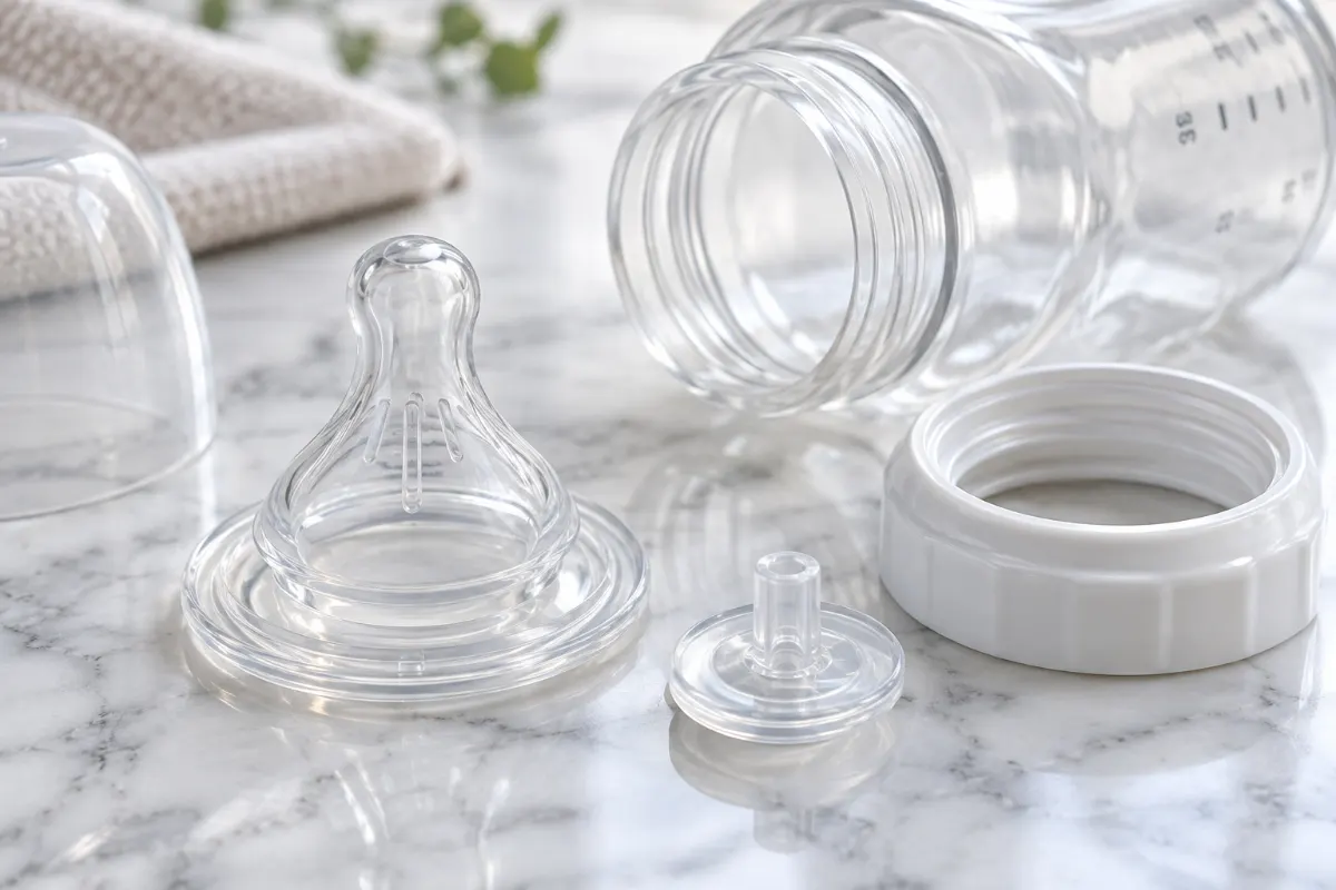 Base dévissable et valve anti-colique d’un biberon transparent posées sur du marbre blanc