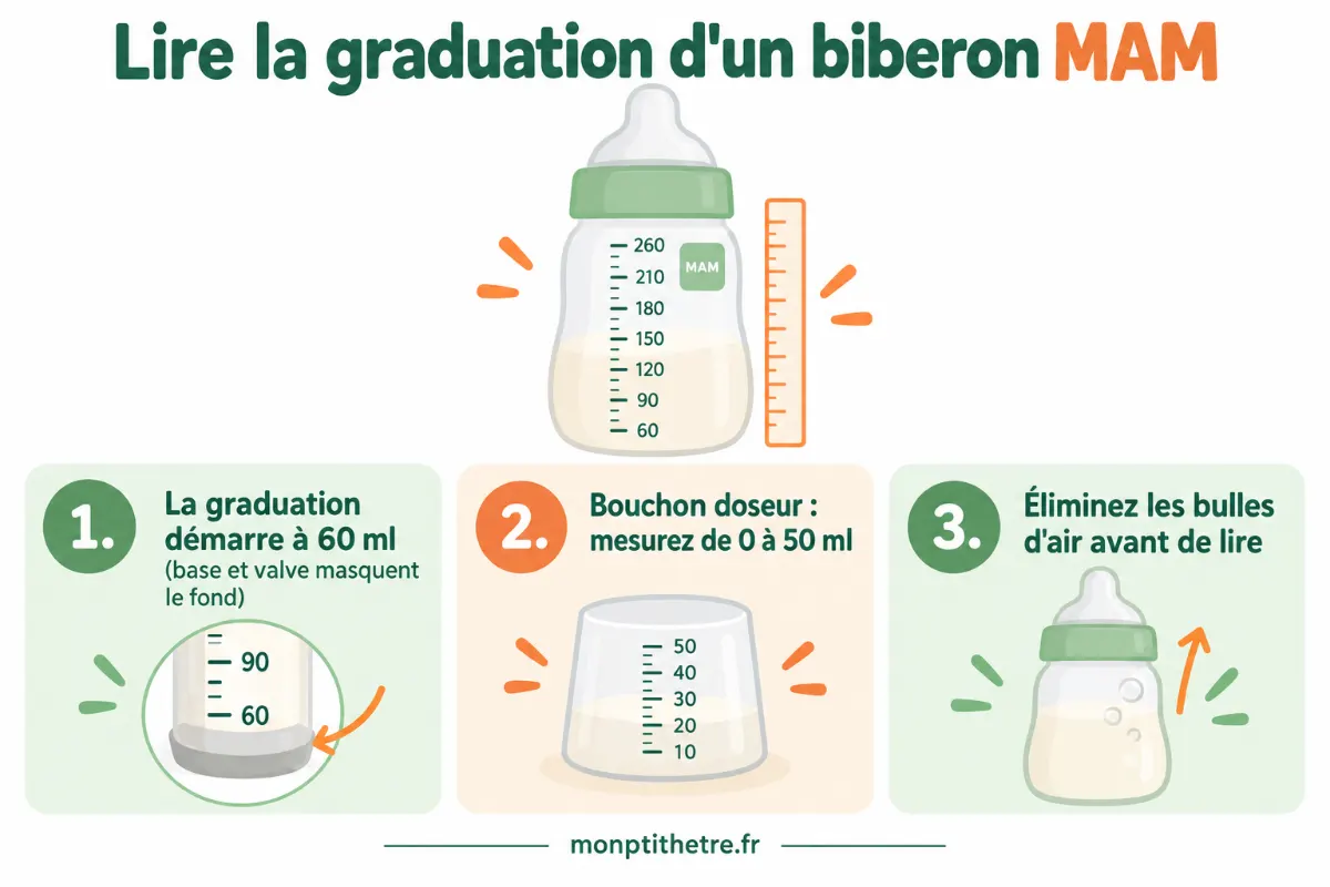 Infographie pour lire la graduation d’un biberon MAM : départ à 60 ml, bouchon doseur de 0 à 50 ml, éliminer les bulles d’air
