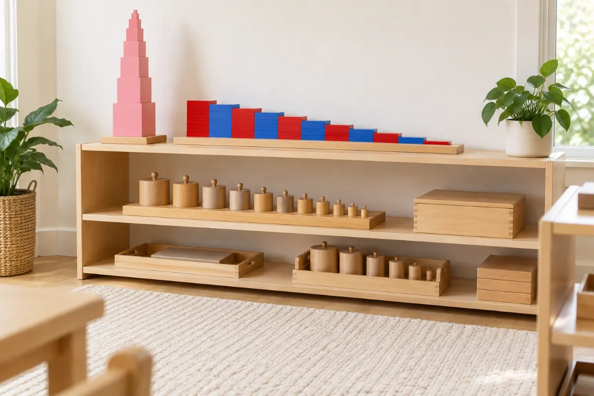 Matériel Montessori en bois : tour rose, barres numériques et cylindres sur une étagère basse