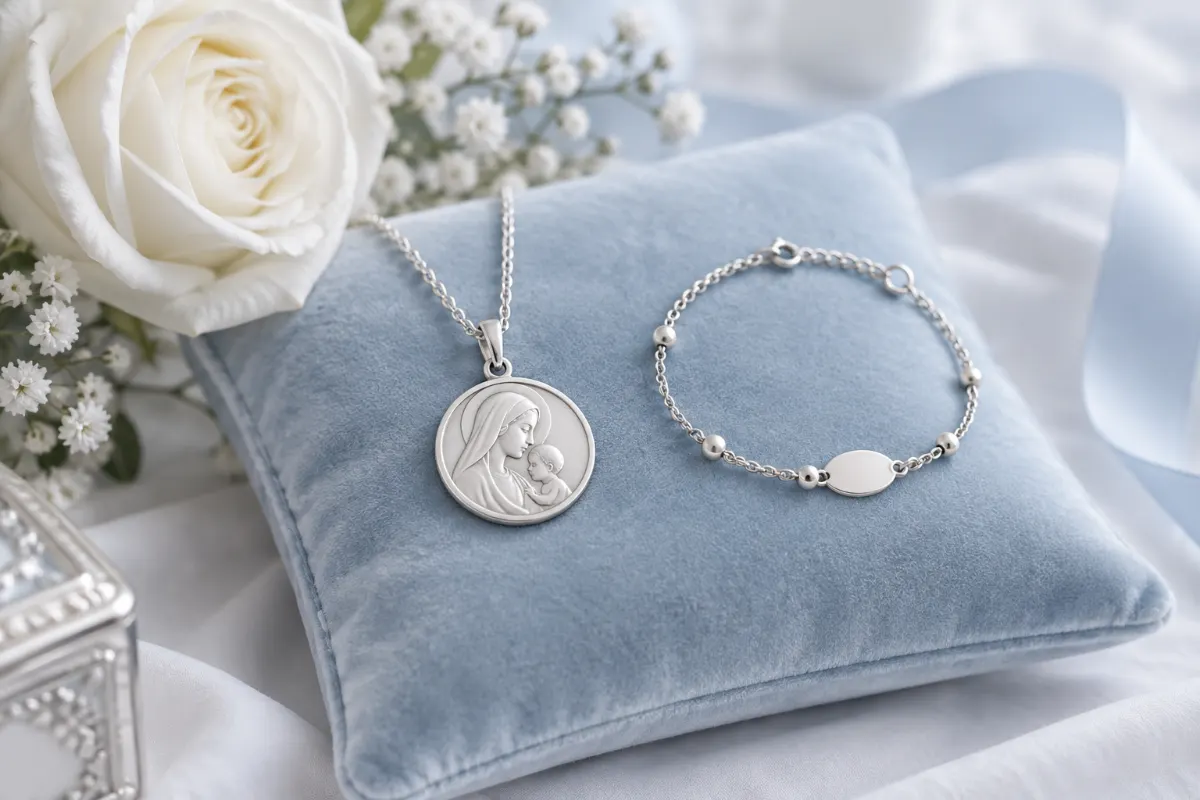 Pendentif médaille en argent et petit bracelet sur un coussin de velours bleu pâle près d’une rose blanche