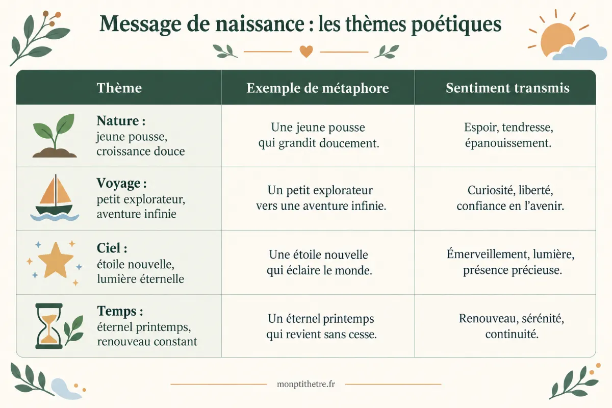 Infographie des thèmes poétiques pour un message de naissance : nature, voyage, ciel et temps