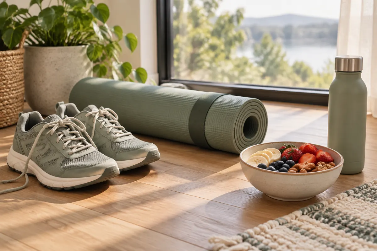 Baskets, tapis de yoga roulé et bol de fruits frais et de noix près d’une fenêtre