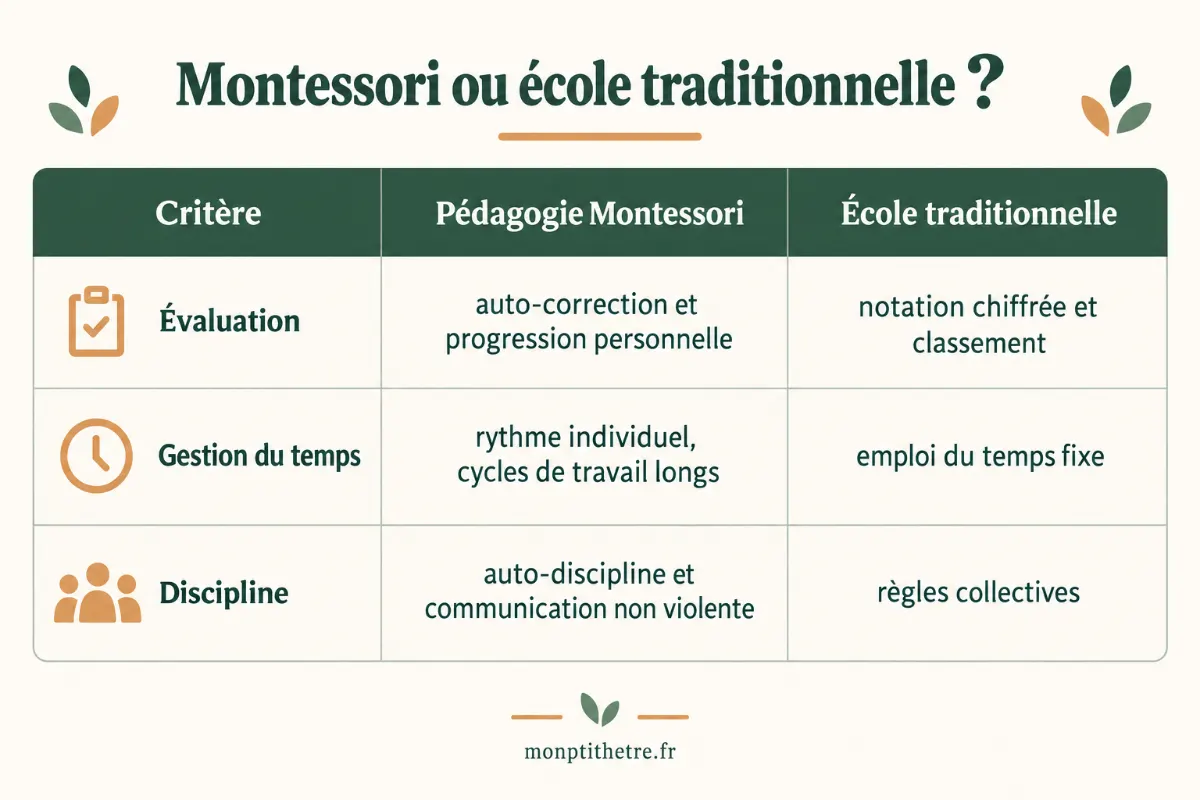Infographie comparant la pédagogie Montessori et l’école traditionnelle : évaluation, temps et discipline