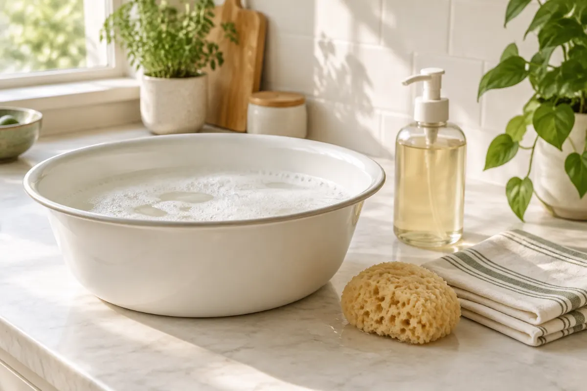 Bassine d’eau tiède savonneuse, éponge et savon doux pour nettoyer les accessoires de bébé