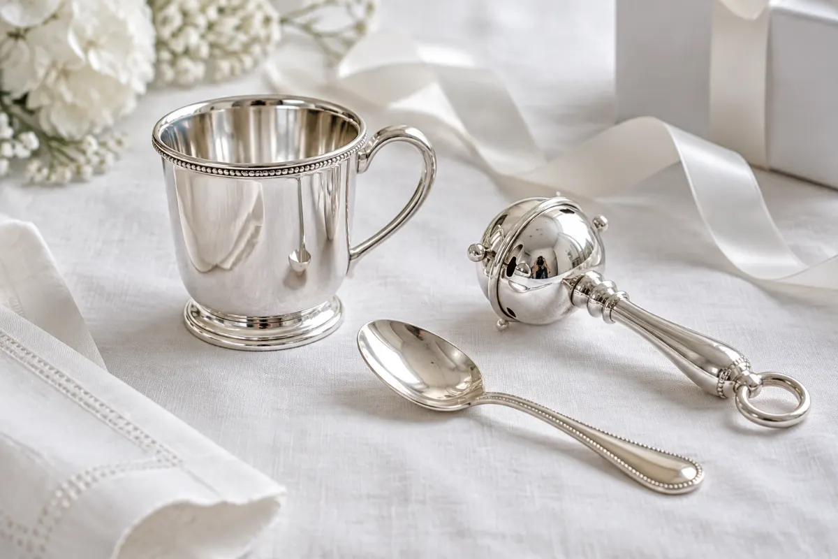 Timbale, hochet et cuillère en argent sur une nappe en lin blanche avec ruban de satin
