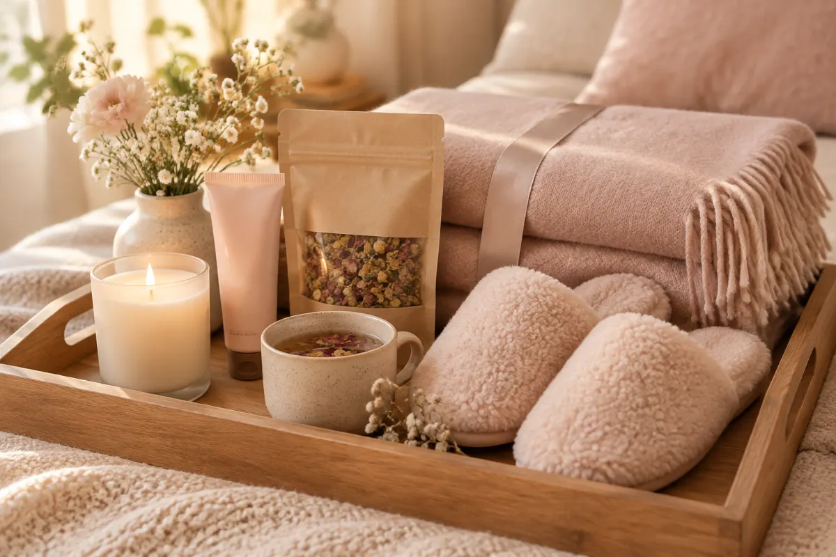 Panier cadeau bien-être pour future maman avec bougie, crème, tisane, chaussons et plaid