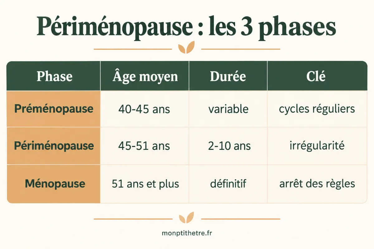 Infographie des trois phases : préménopause, périménopause et ménopause avec âge moyen et durée
