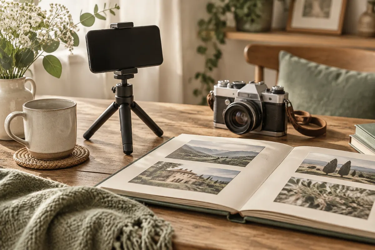 Smartphone sur trépied, appareil photo et album pour filmer la réaction des grands-parents