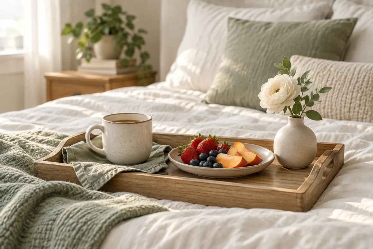 Plateau de petit-déjeuner avec mug, fruits frais et petit vase pour une surprise matinale