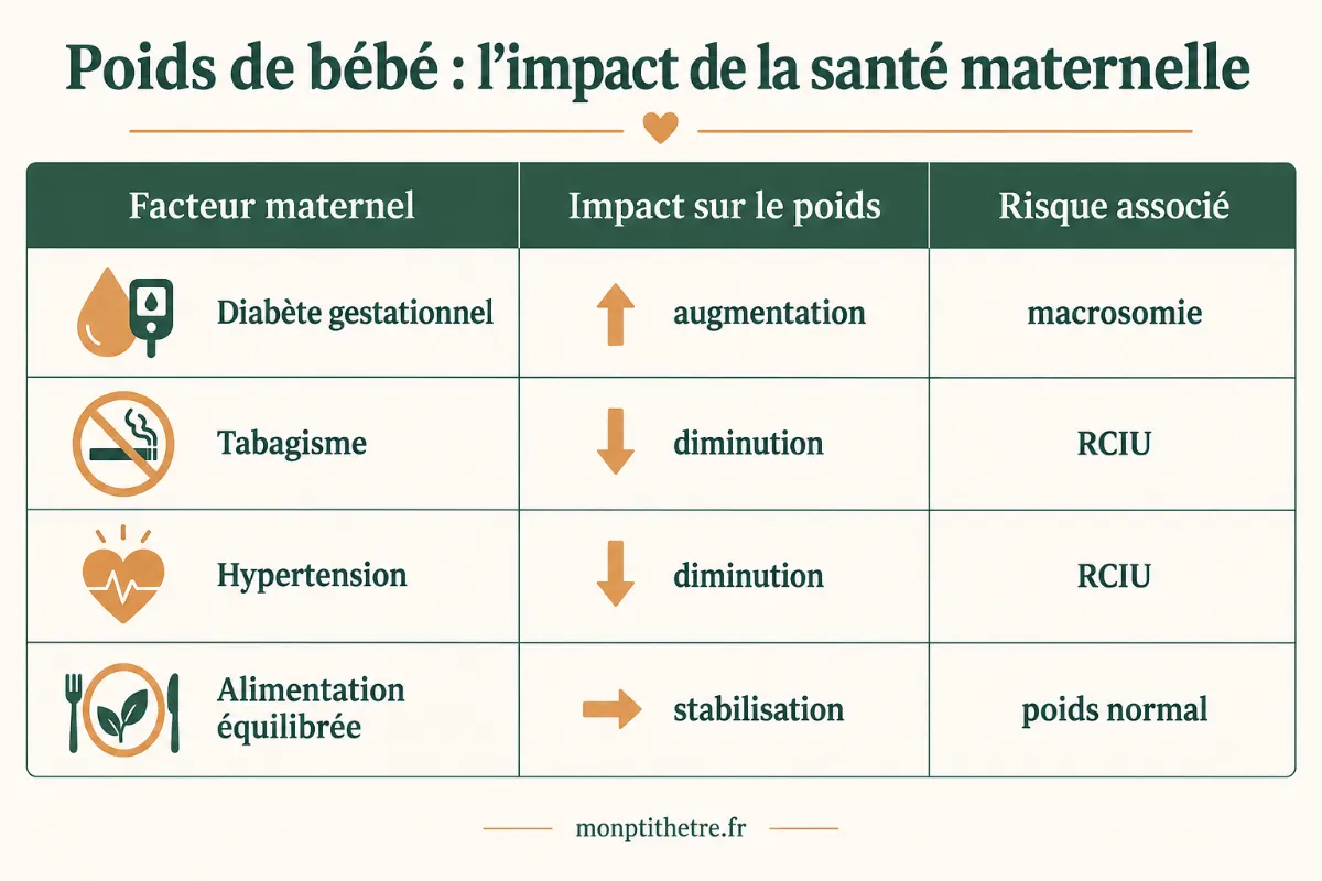Infographie des facteurs maternels qui influencent le poids de naissance : diabète gestationnel, tabagisme, hypertension, alimentation