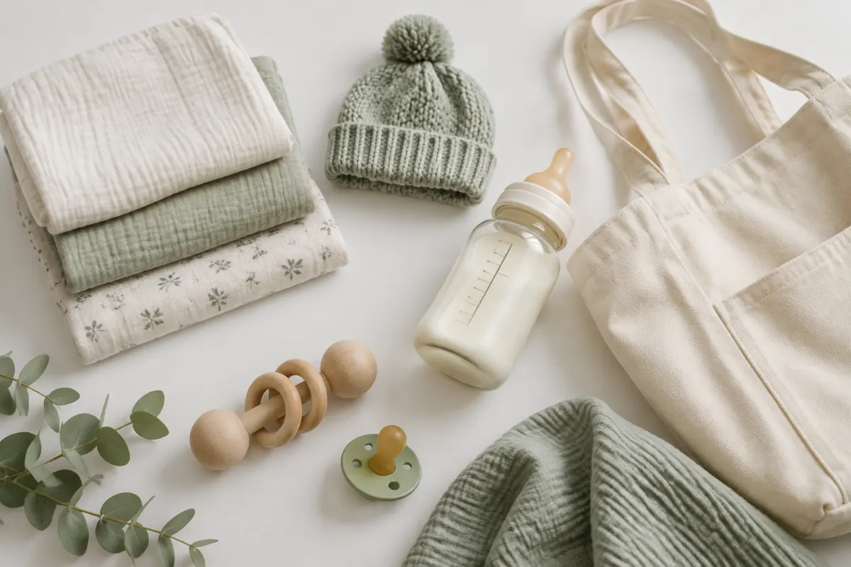 Essentiels de naissance : langes en mousseline, petit bonnet tricoté, biberon en verre et sac en coton