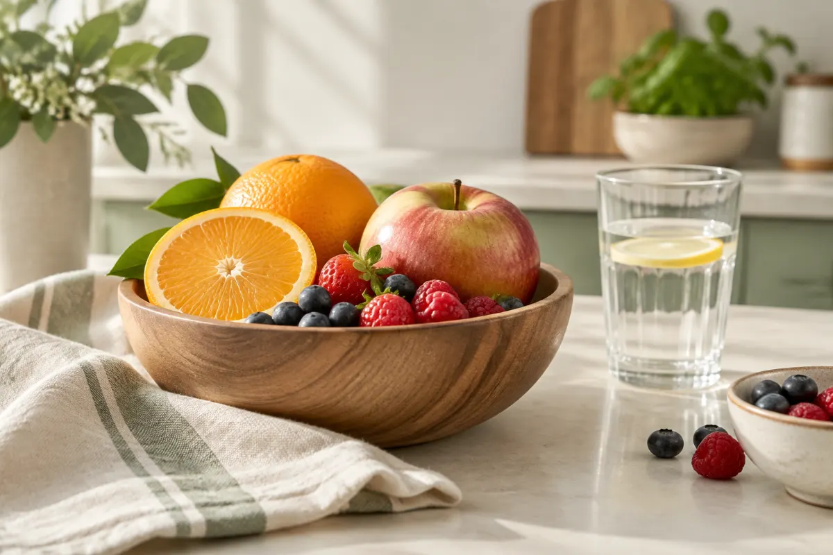 Bol en bois de fruits frais et verre d’eau sur une table de cuisine claire