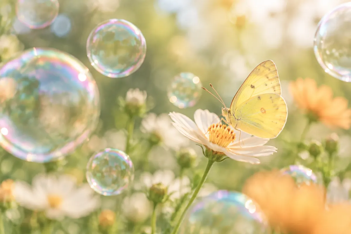 Bulles de savon irisées devant un papillon jaune pastel posé sur une fleur