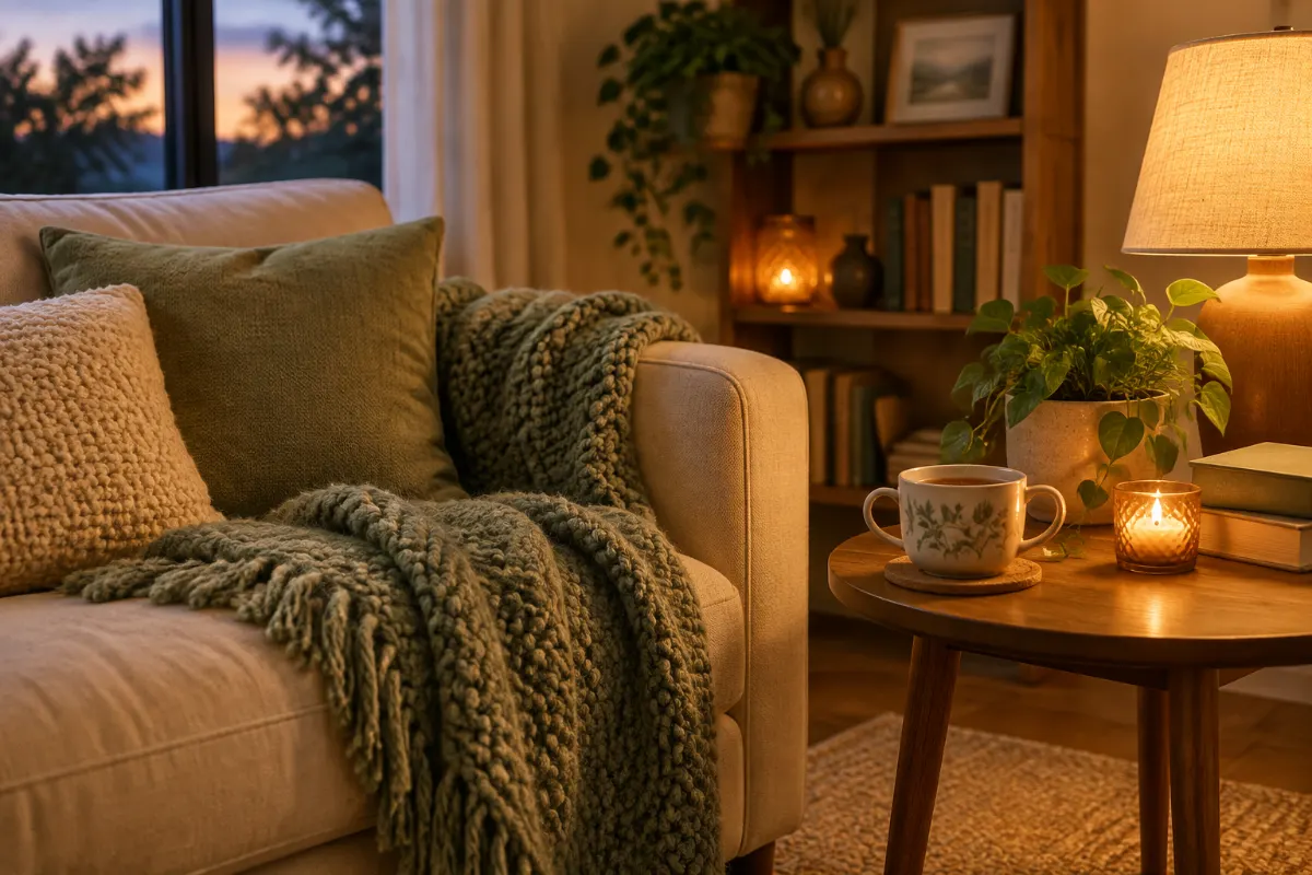 Coin détente du soir avec canapé, plaid en maille, tisane et lampe chaude