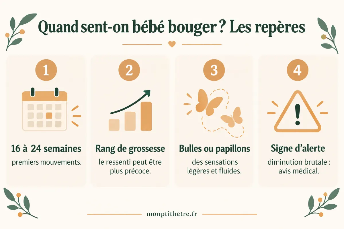 Infographie : quand sent-on bébé bouger, les repères (16 à 24 semaines, rang de grossesse, bulles ou papillons, signe d’alerte)