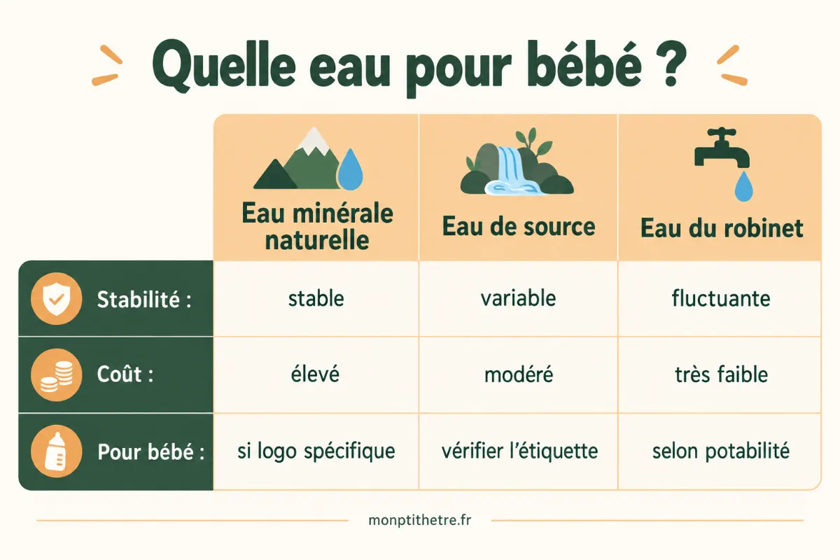 Infographie comparative eau minérale naturelle, eau de source et eau du robinet pour bébé