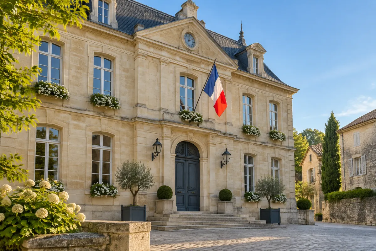 Façade en pierre d’une mairie française avec drapeau tricolore