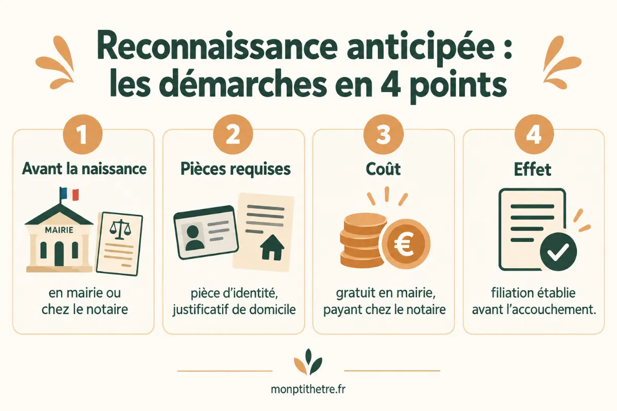 Infographie : les démarches de la reconnaissance anticipée en 4 points (avant la naissance, pièces requises, coût, effet)