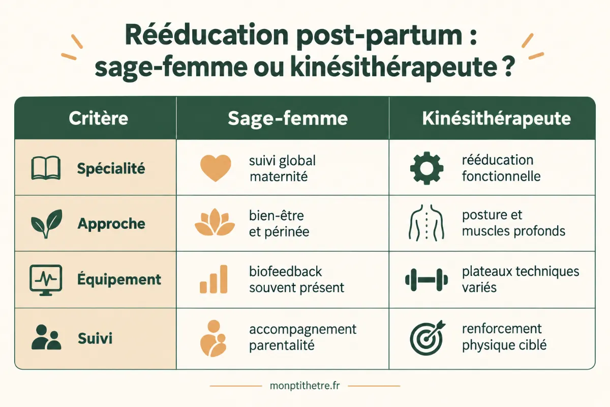 Infographie comparant sage-femme et kinésithérapeute pour la rééducation post-partum