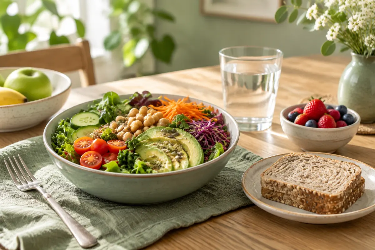Repas équilibré avec salade colorée, pain complet et fruits pour une grossesse en bonne santé